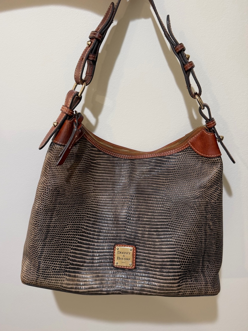 Dooney & Bourke Brown Lizard-Embossed Shoulder Bag with Gold Plaque